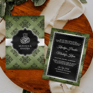 Invitation Vert olive argent noir damas musulman mariage