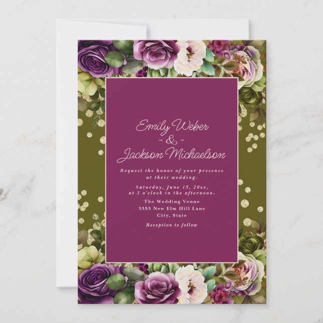 Invitation Vert Olive Rose Floral Aquarelle Violet (Devant)
