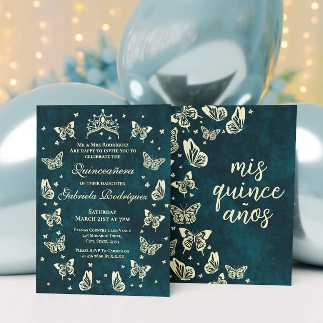 Invitation Vert Or 15 ans Tiara Butterfly Mis Quince (Green Gold 15 birthday Tiara Butterfly Mis Quince Invitation)
