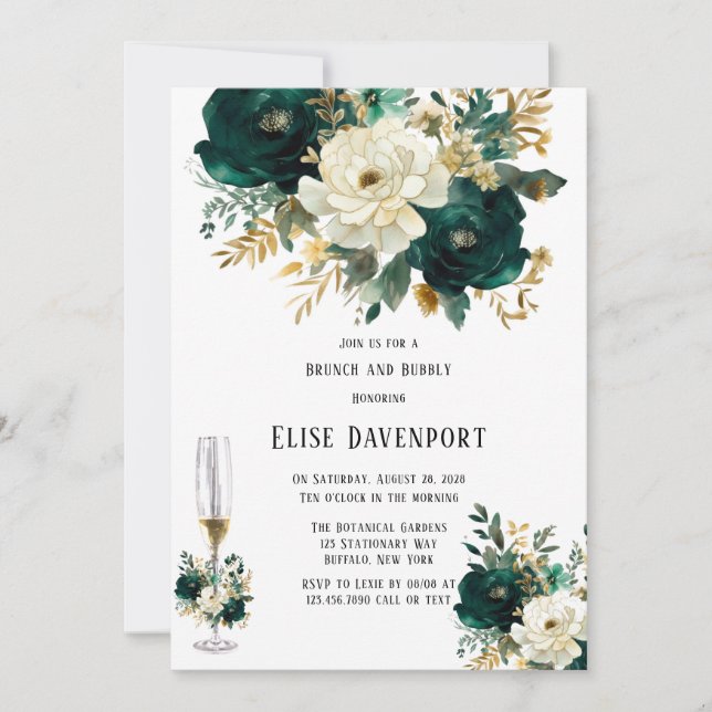Invitation Vert Or Blanc Floral Brunch et Bubbly (Devant)