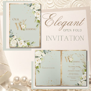Invitation Vert Or Blanc Floral Élégant Mariage
