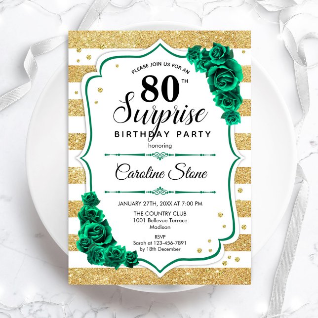 Invitation Vert or blanc Surprise 80e anniversaire (Créateur téléchargé)