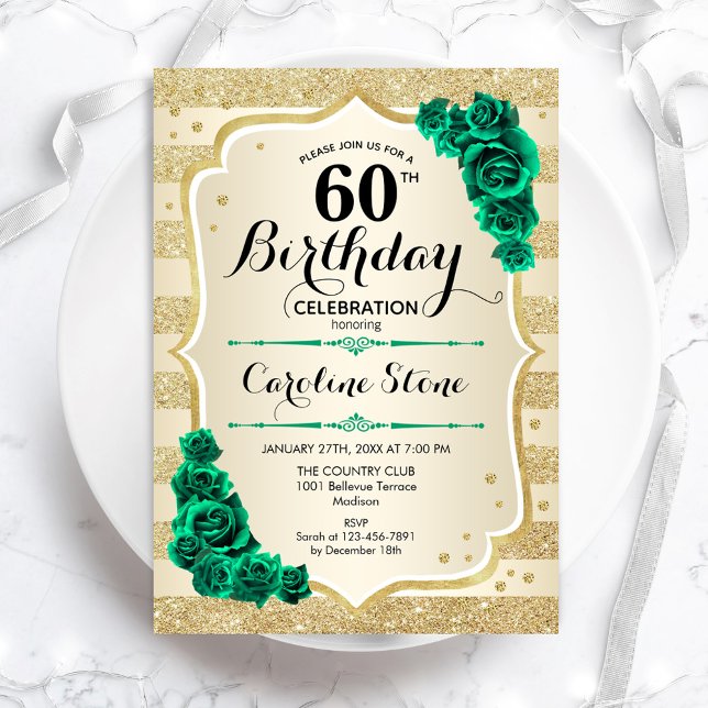 Invitation Vert or élégant Floral 60e anniversaire (Créateur téléchargé)