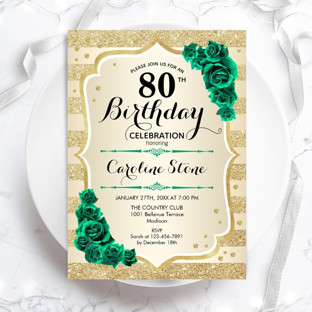 Invitation Vert or élégant floral 80e anniversaire (Créateur téléchargé)
