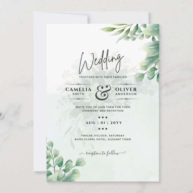 Invitation Vert Or Eucalyptus MARIAGE QR CODE Moderne (Devant)