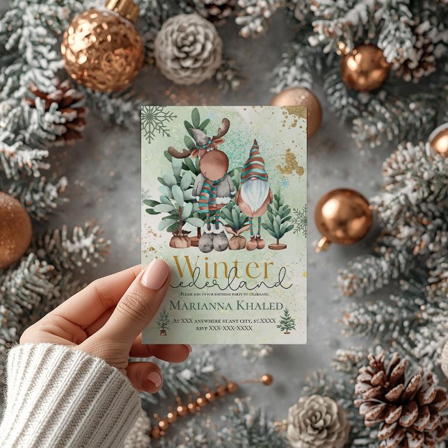 Invitation Vert or mignon Noël Gnome Cerf Anniversaire (Créateur téléchargé)