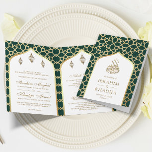 Invitation Vert or Motif islamique QR Code Mariage musulman