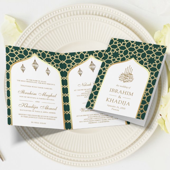 Invitation Vert or Motif islamique QR Code Mariage musulman (Créateur téléchargé)