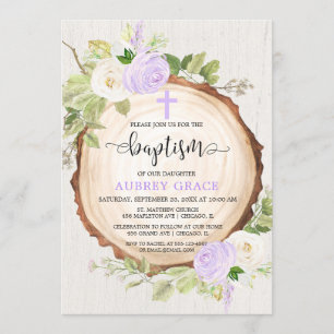 Invitation Vert pourpre rustique fille baptême bois