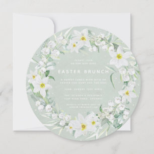 Invitation Vert rond + Graine florale blanche Brunch de Pâque