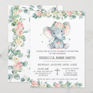 Invitation Vert rose Floral Eléphant Baptême Christening