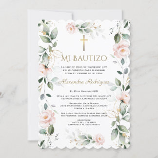Invitation Vert rose Floral espagnol Mi Bautizo Baptism