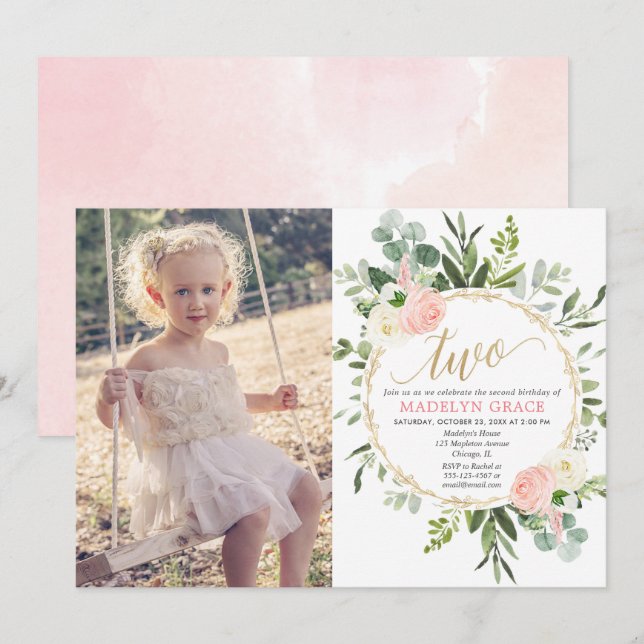 Invitation Vert rose or élégant fille 2e anniversaire photo (Devant / Derrière)