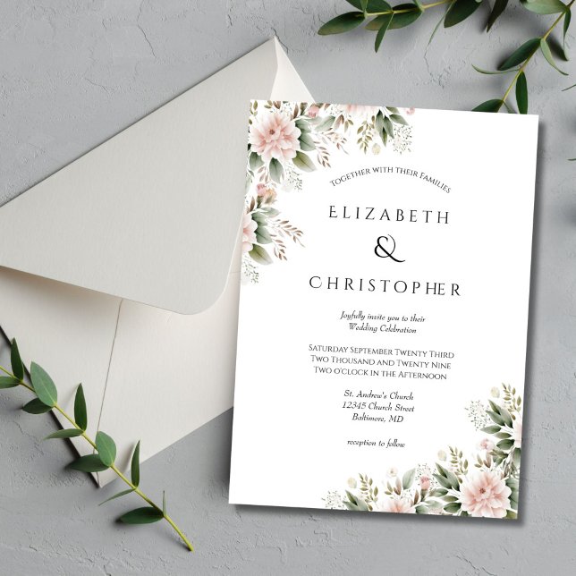 Invitation Vert rose pâle Floral Mariage élégant (Blush pink and greenery watercolor floral wedding invitation)