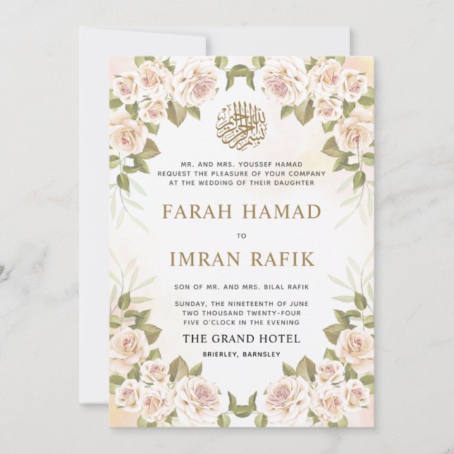Invitation Vert rose rose rose Mariage musulman islamique (Devant)