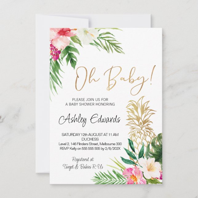 Invitation Vert rose Tropical Floral Oh Baby shower (Devant)