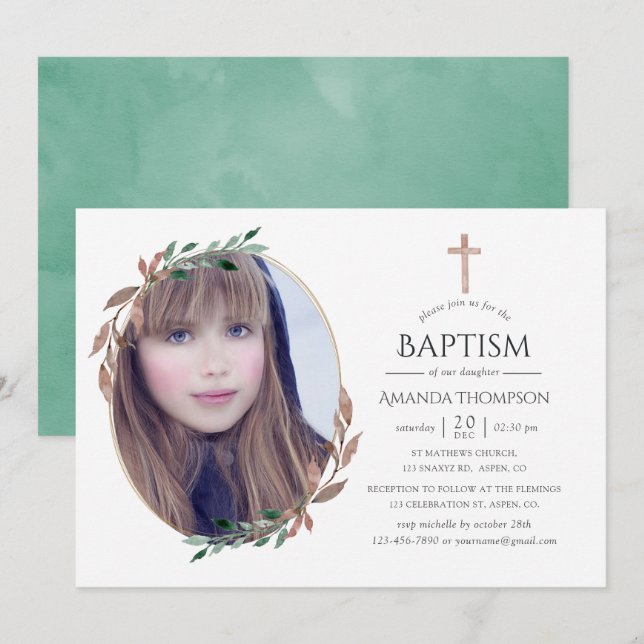 Invitation Vert rustique hivernal Baptême ou Christening (Devant / Derrière)
