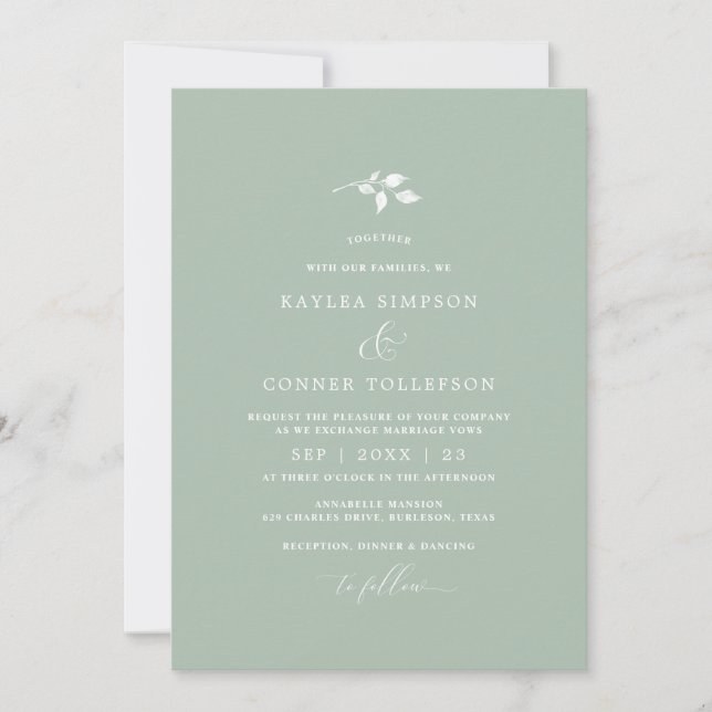 Invitation Vert Sage clair Mariage Simple Élégant Classique (Devant)