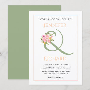 Invitation Vert sage, esperluette pêche, mariage virtuel rose