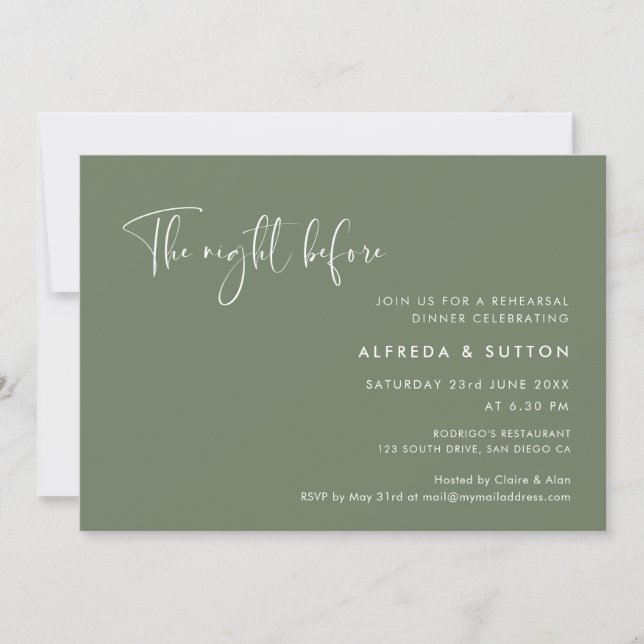 Invitation Vert Sage foncé La nuit avant le dîner de répétiti (Devant)
