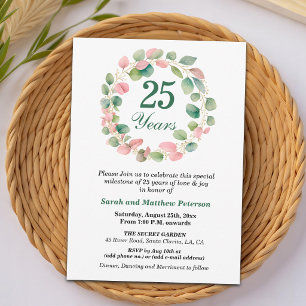 Invitation Vert sarcelle Rose Eucalyptus 25e anniversaire de 
