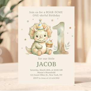 Invitation Vert Sauge Aquarelle Dino Premier Anniversaire