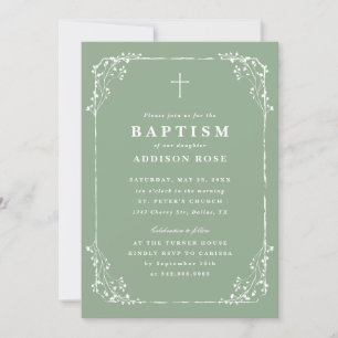 Invitation Vert sauge classique cadre floral délicat baptême