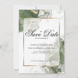 Invitation Vert sauge élégant et encre alcoolique dorée