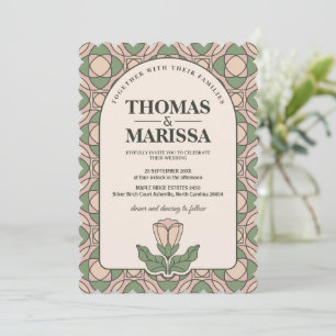 Invitation Vert sauge et rose, mariage floral Art nouveau
