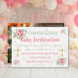 Invitation Vert sauge & Fleurs roses Photo Baptême bébé