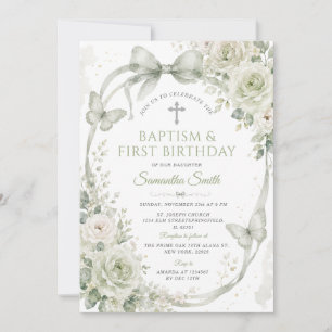 Invitation Vert sauge floral Baptême & 1er anniversaire Papil