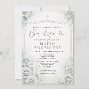 Invitation Vert sauge floral espagnol baptême religion croix