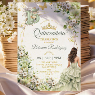 Invitation Vert sauge floral papillons dorés Quinceañera