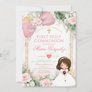 Invitation Vert sauge floral rose fille première communion