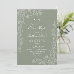 Invitation Vert sauge mariage floral élégant à la française