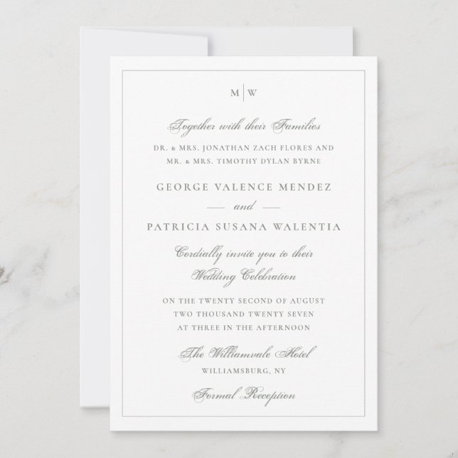 Invitation Vert Sauge Monogram Mariage Classique (Devant)