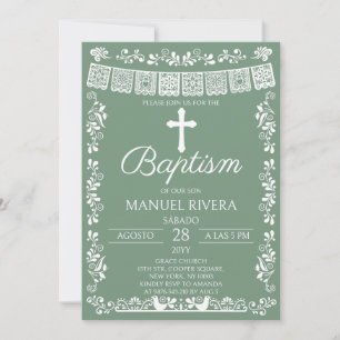 Invitation Vert sauge Papel Picado Baptême