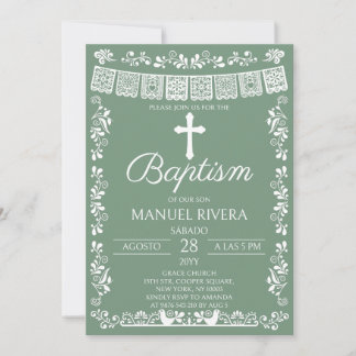 Invitation Vert sauge Papel Picado Baptême
