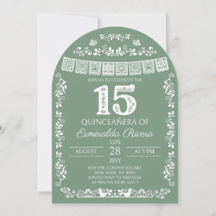 Invitation Vert sauge Papel Picado Quinceañera 15e anniversai