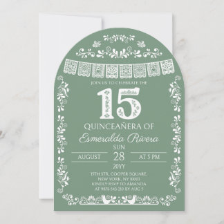 Invitation Vert sauge Papel Picado Quinceañera 15e anniversai