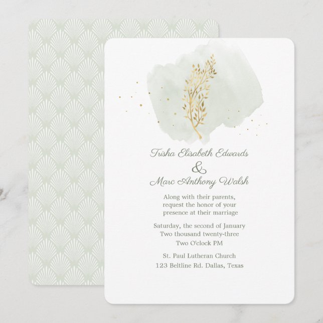 Invitation Vert simple avec Mariage Floral Or (Devant / Derrière)