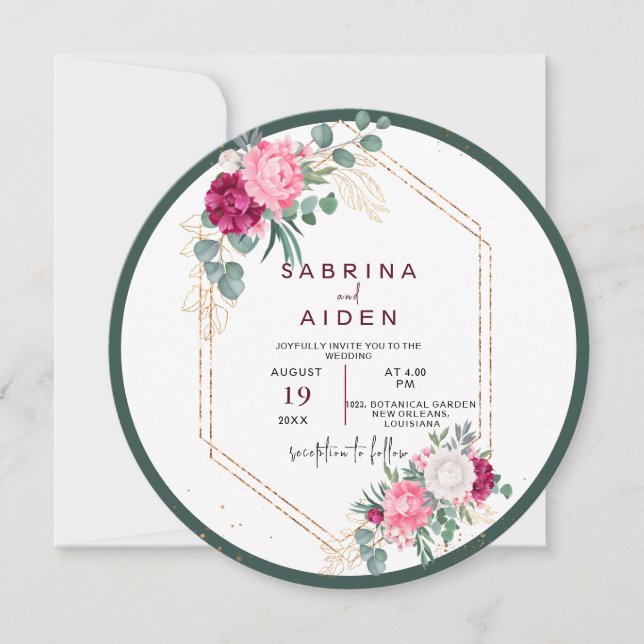 Invitation Vert simple surface | Mariage floral rose pâle (Devant)