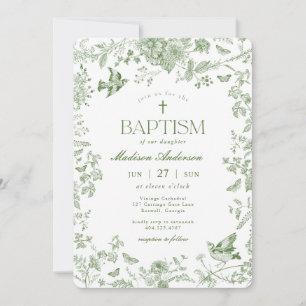 Invitation Vert Toile De Jouy Vintage Floral Baptême