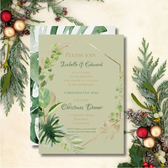 Invitation Vert Tropical Avec Feuille Or Dîner De Noël (Créateur téléchargé)