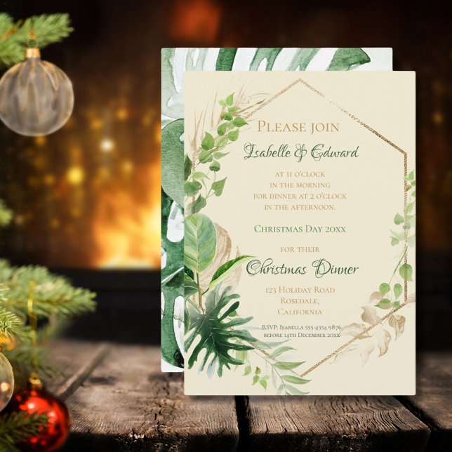 Invitation Vert Tropical Avec Feuille Or Dîner De Noël (Créateur téléchargé)