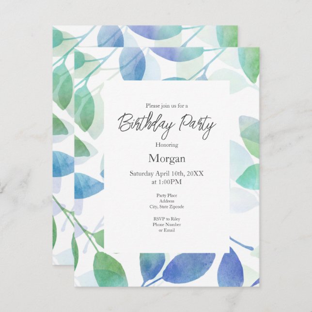 Invitation Vert turquoise bleu Feuilles (Devant / Derrière)