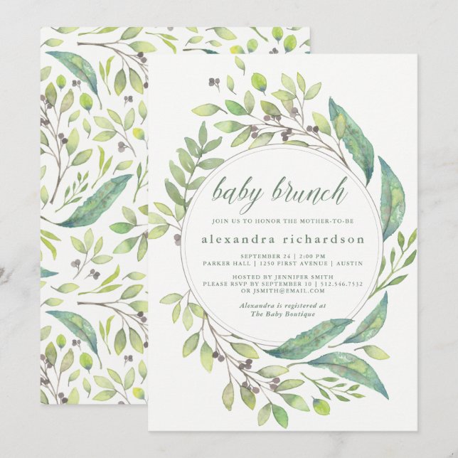 Invitation Vert verdoyant| Aquarelle Wreath Baby Bruny (Devant / Derrière)