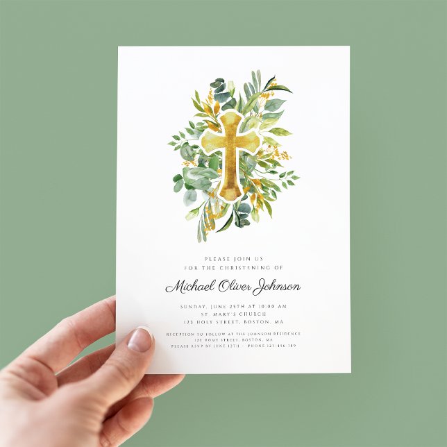 Invitation Vert vert moderne verdure Croix Christening (Créateur téléchargé)