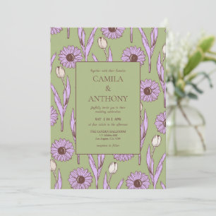 Invitation Vert violet rétro Y2K Funky Hippie Flower Motif