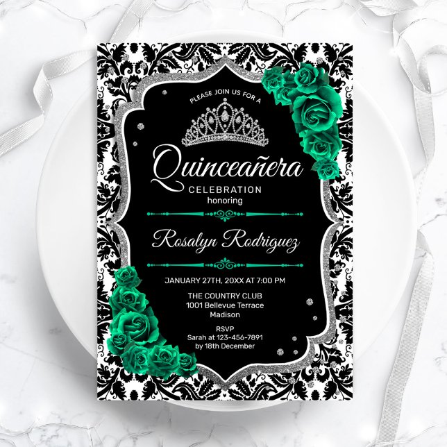 Invitation Verte Argent Noir Damas Élégante Quinceanera (Créateur téléchargé)